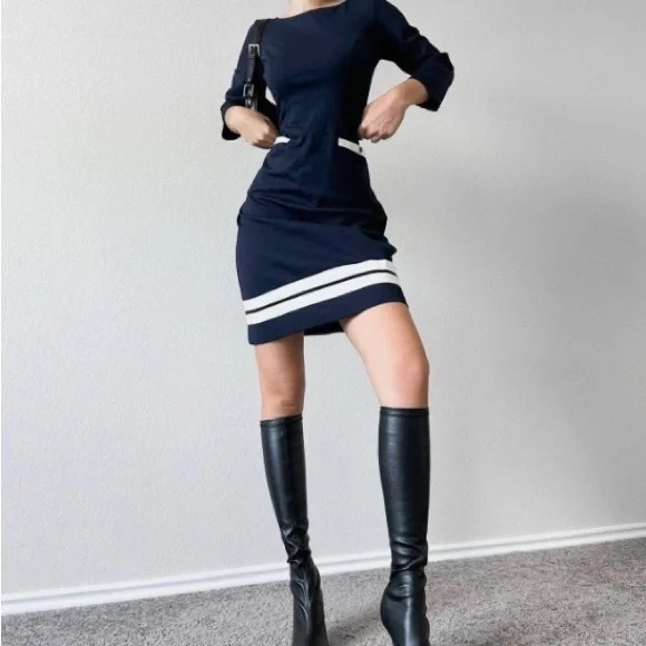 Talbots Blue 3/4 Sleeve Knit Mini Fitted Boatneck Dress - Picture 5 of 7